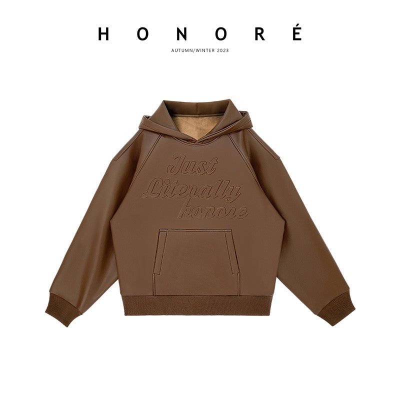 HONORE Gu Yue You Qian Sports Series Z Eco-friendly Leather Letter Design American Fashion Brand Hooded Sweatshirt