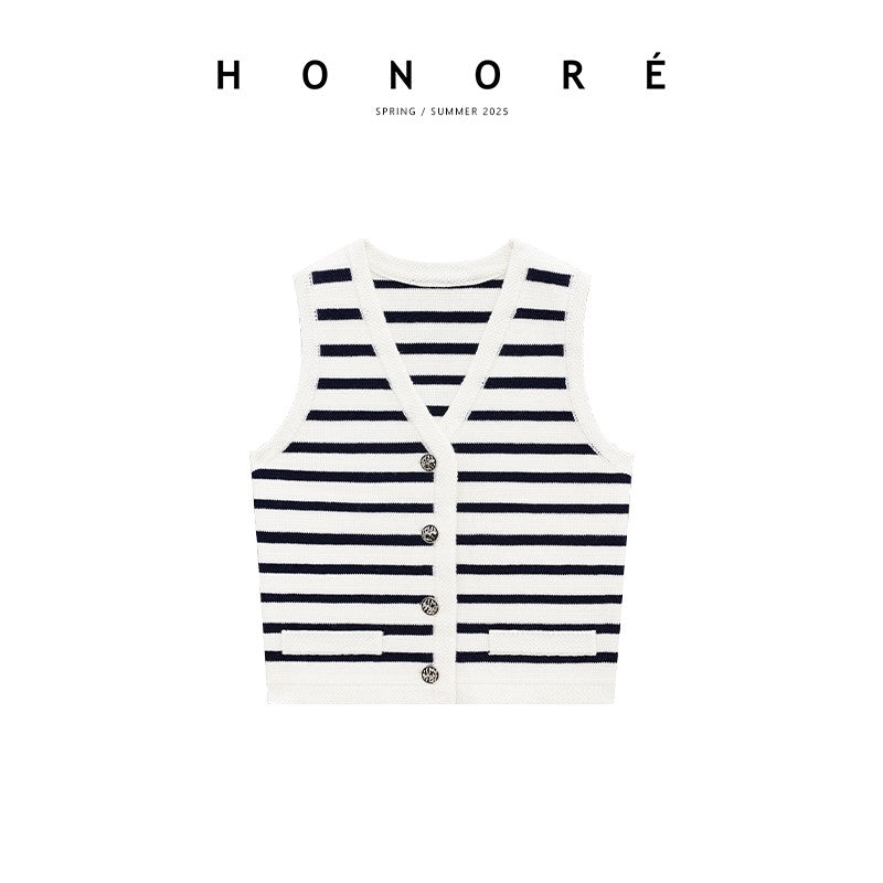 HONORE Ancient Moon Stripe Law Sheep Wool Striped Knitted Jacket + Vest Set