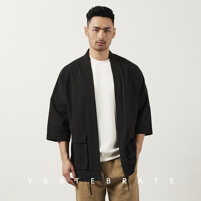 Vertebrate Men's Japanese-style open-front tie loose casual kimono jacket three-quarter sleeve Japanese style top mix and match