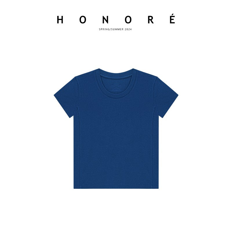 HONORE Gu Yue T King.0 Daily Basic Loose Casual Versatile Small U Round Neck Right Angle Shoulder Short Sleeve T