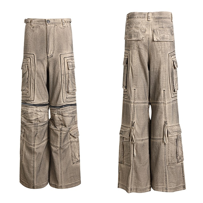 DND4DES Wang Yiheng's same American wasteland style drawstring old dirty dyed slightly flared loose cargo overalls