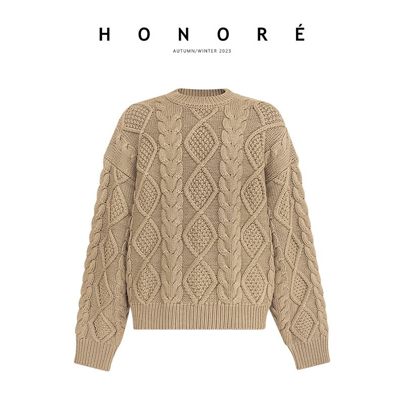 HONORE Gu Yue Free full score lazy G heavy wool cable sweater coarse knitted autumn and winter pullover knitting