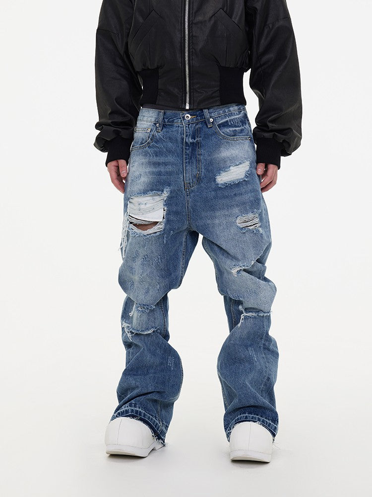 ASTT 24S/S Ripped Destruction Tassel Raw Edge Flared Wide Leg Stacked Hole Light Blue Denim Pants Trend