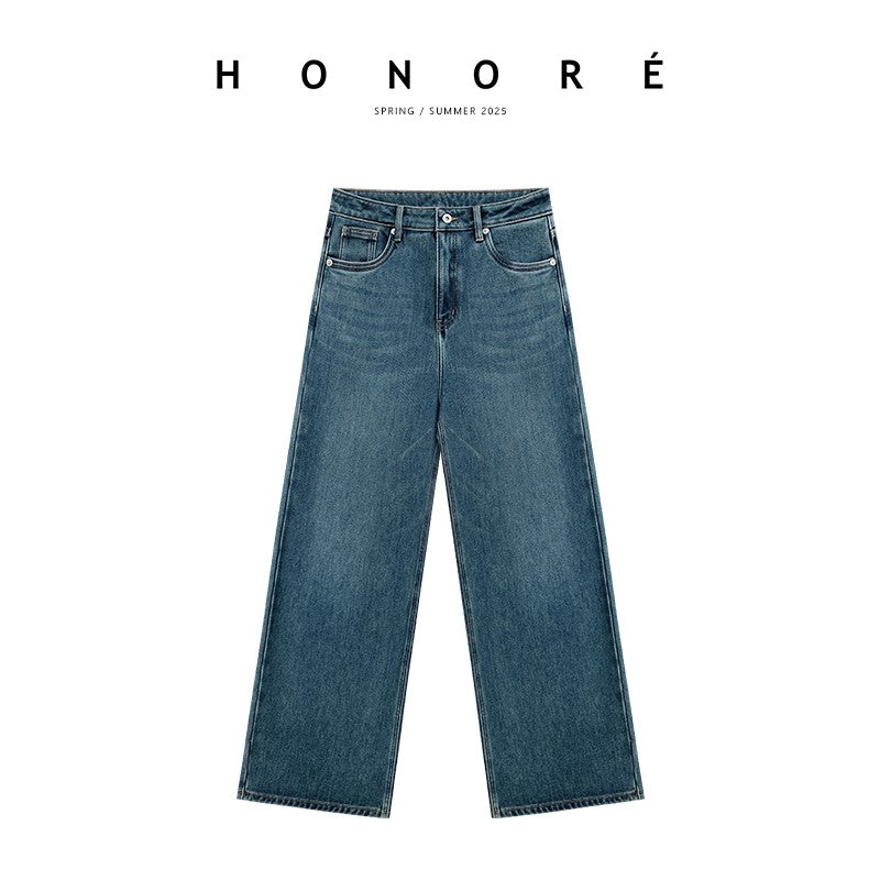 HONORE Guyue luxury high-density flocking brushed denim straight-leg jeans