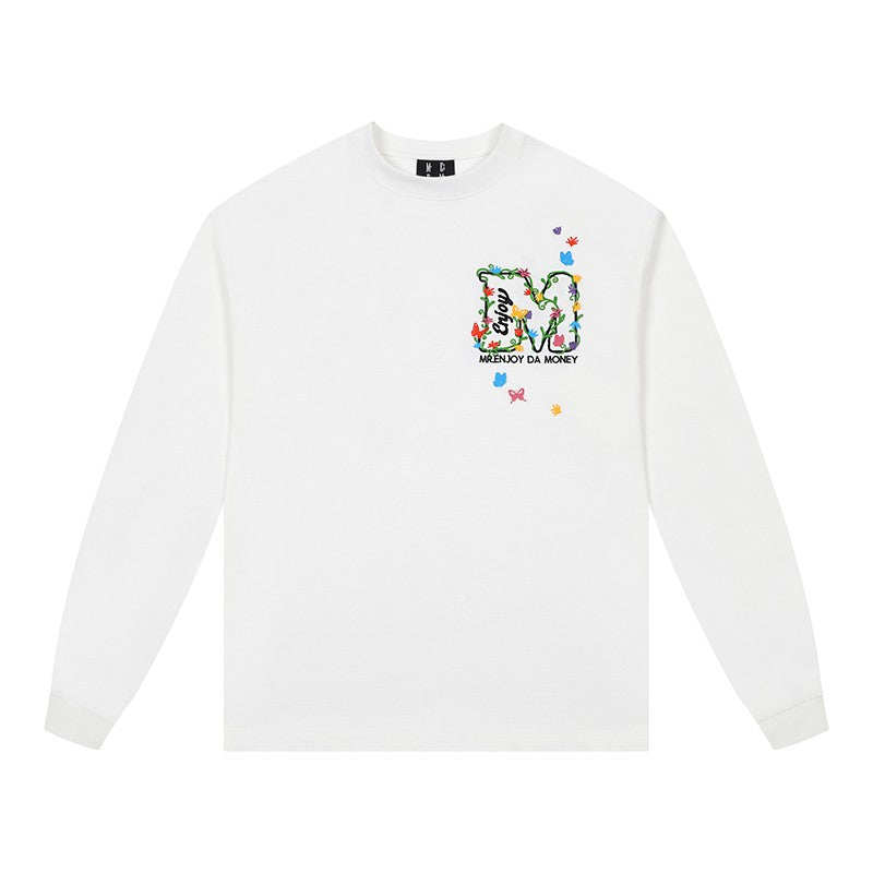 MEDM24FW scattered small flowers embroidered long-sleeved T-shirt for men and women in autumn American high street round neck loose trend T-shirt