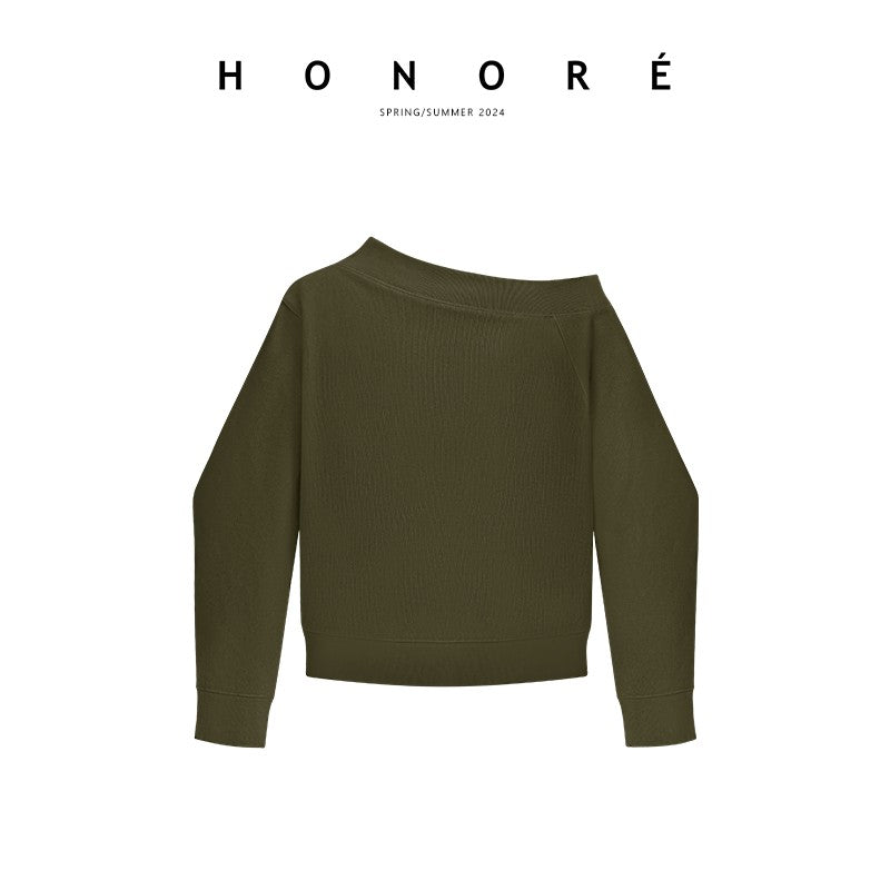 HONORE Guyue sportychic oblique shoulder careful American lazy skin-friendly cotton sweater skirt suit