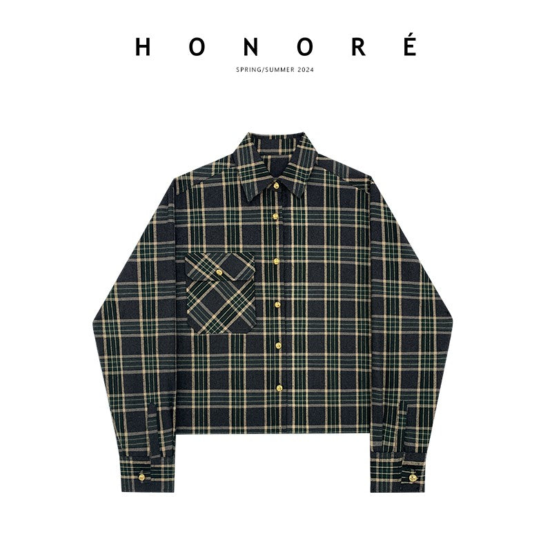 HONORE Gu Yue modern style original logo solid gold button British style brushed plaid shirt top