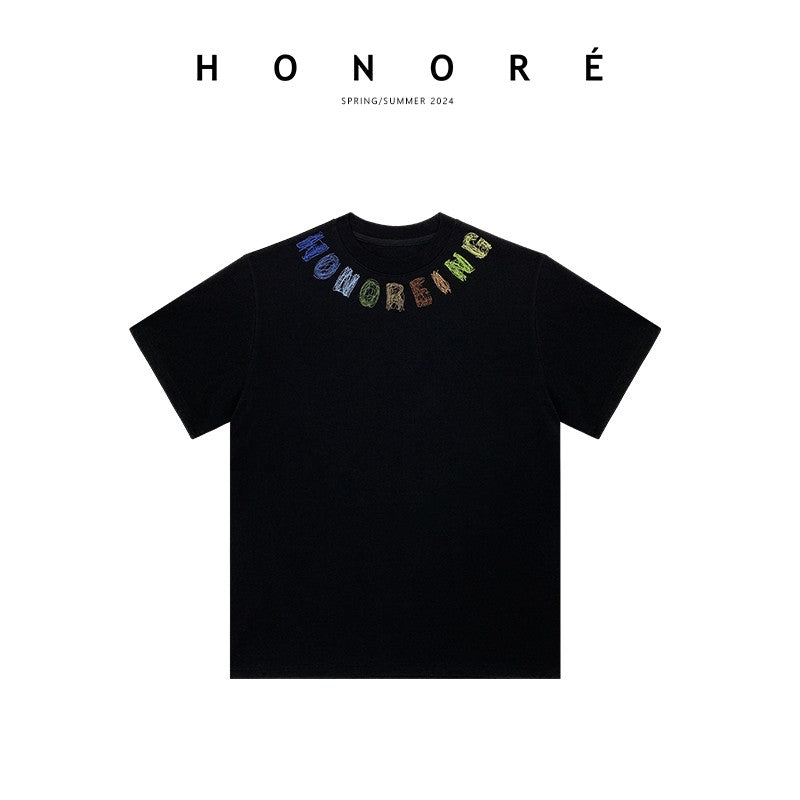 HONORE Gu Yue colorful line D home original heavy chain embroidery loose round neck short sleeve top T