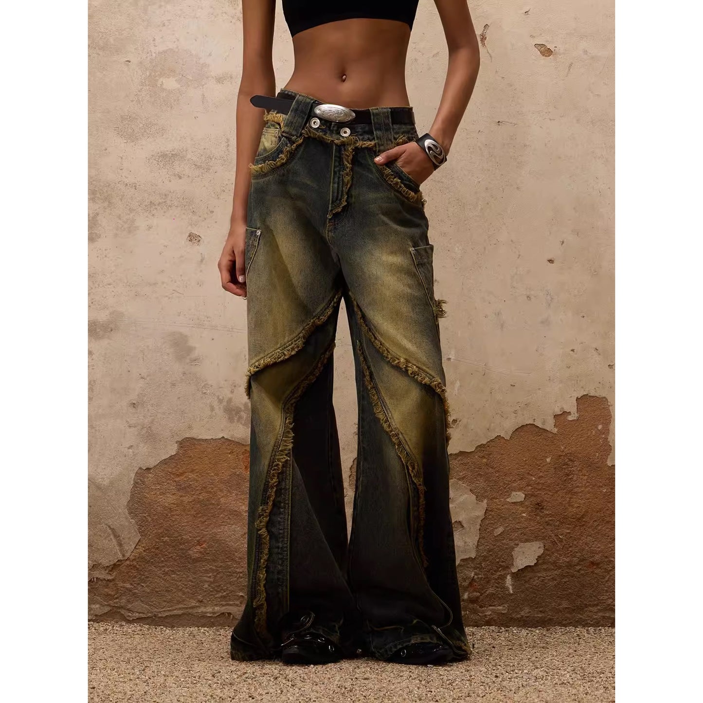 PERSONSOUL* Fluid structure stitching raw edge jeans Song Yuqi same style DestructiveJeans