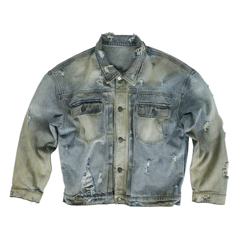 ANTIDOTE washed dirty hole denim jacket autumn and winter short loose retro American motorcycle workwear jacket