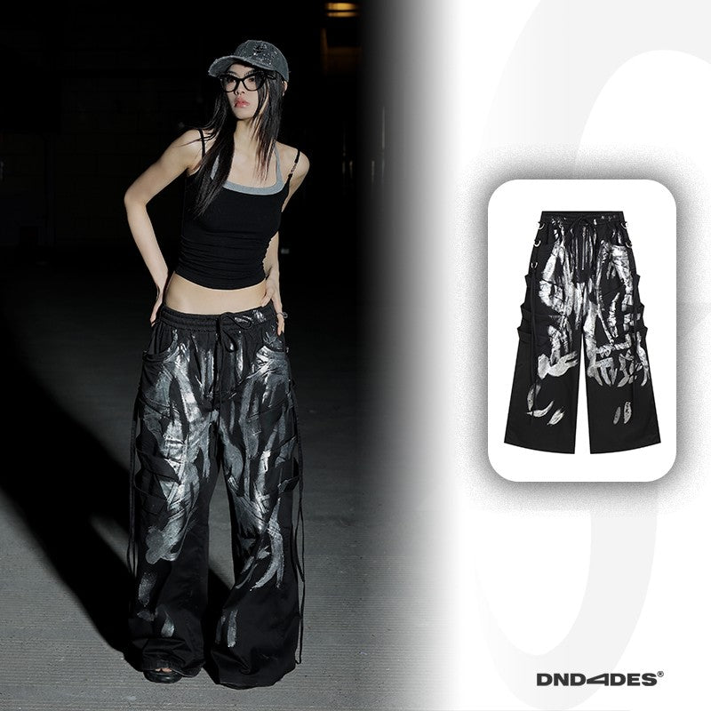 DND4DES American street dark style opium deconstruction style heavy brushed silver ribbon drawstring wide-leg pants overalls