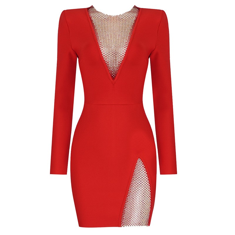 Niche deep V-neck long-sleeved sexy bandage dress Bandage Dress Nightclub toast star evening dress