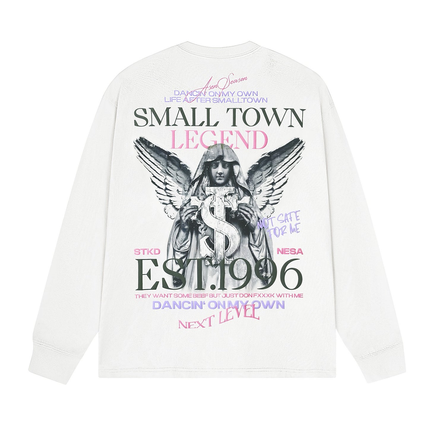 STK SmallTownKid Angel Print Long Sleeve T-shirt American Retro Fashion Street Round Neck Top for Men and Women