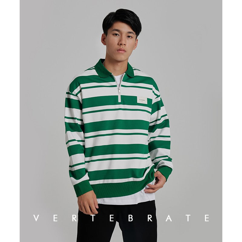 Vertebrate men's black and white green and white campus CITYBOY loose style autumn Korean striped long sleeve POLO