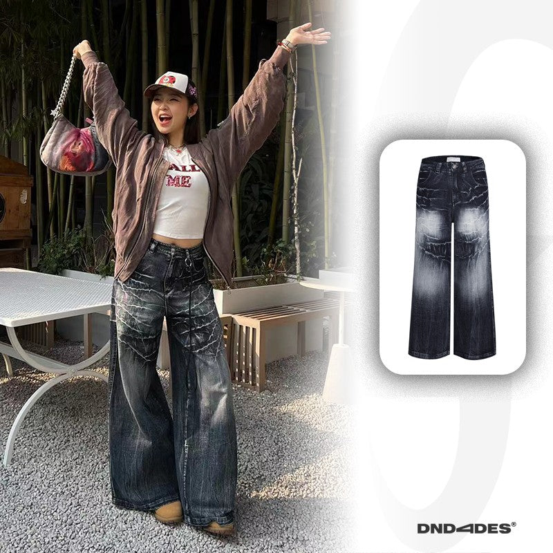 DND4DES American Vintage Cleanfit Washed Old Lightning Pattern Baggy Loose Wide Leg Jeans