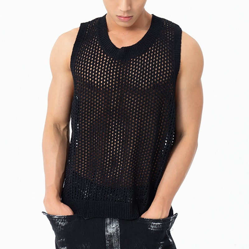 CLP black and gray hollow mesh knitted ribbed vest waistcoat see-through waistcoat sleeveless top layered loose elastic