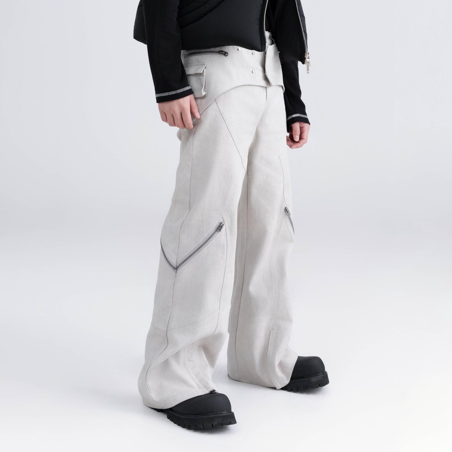 XEQUATION 24SS autumn deconstructed stitching gray and white washed detachable zipper flared wide-leg trousers