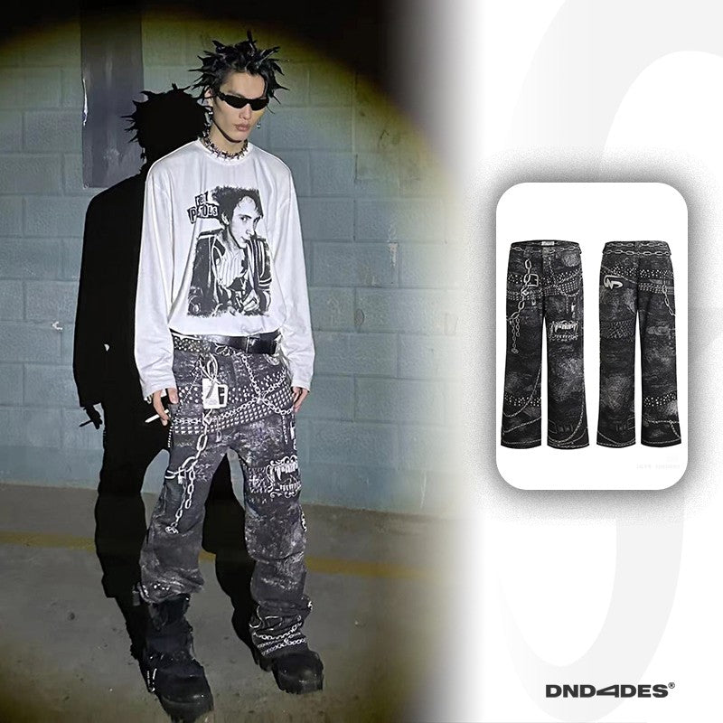 DND4DES Wang Linkai original design digital printing 3D printing pants chain print straight pants