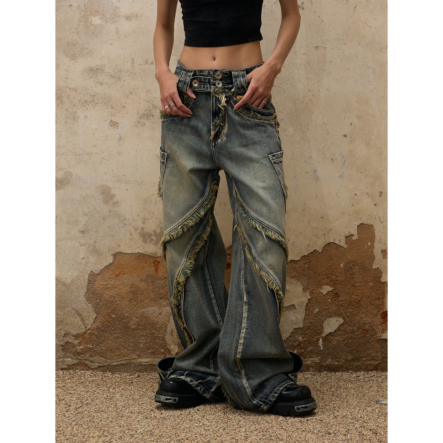 PERSONSOUL* Fluid structure stitching raw edge jeans Song Yuqi same style DestructiveJeans