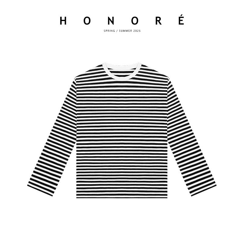 HONORE Guyue Wardrobe Savior Classic Stripe + Solid Color Soft Loose Long T