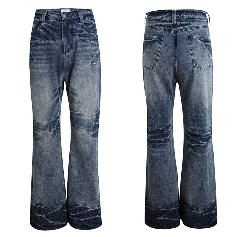 DND4DES American retro Cleanfit lightning pattern heavy washed blue cow distressed jeans straight leg flared