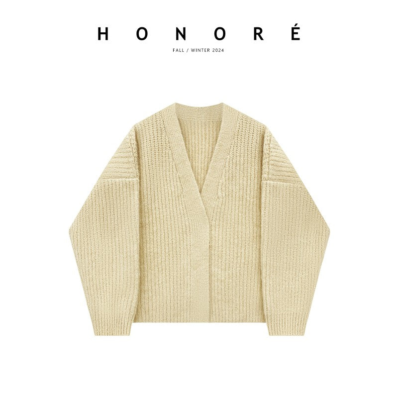 HONORE Gu Yue Relaxed Lazy Row Style Wool Chunky Knitted Long and Short Loose Cardigan All-match Large Coat