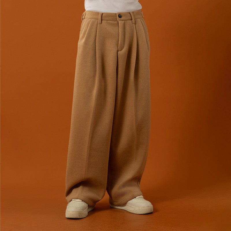 CLP Khaki woolen trousers pleated design casual trousers trousers men's loose wide-leg straight suede drape trousers trendy