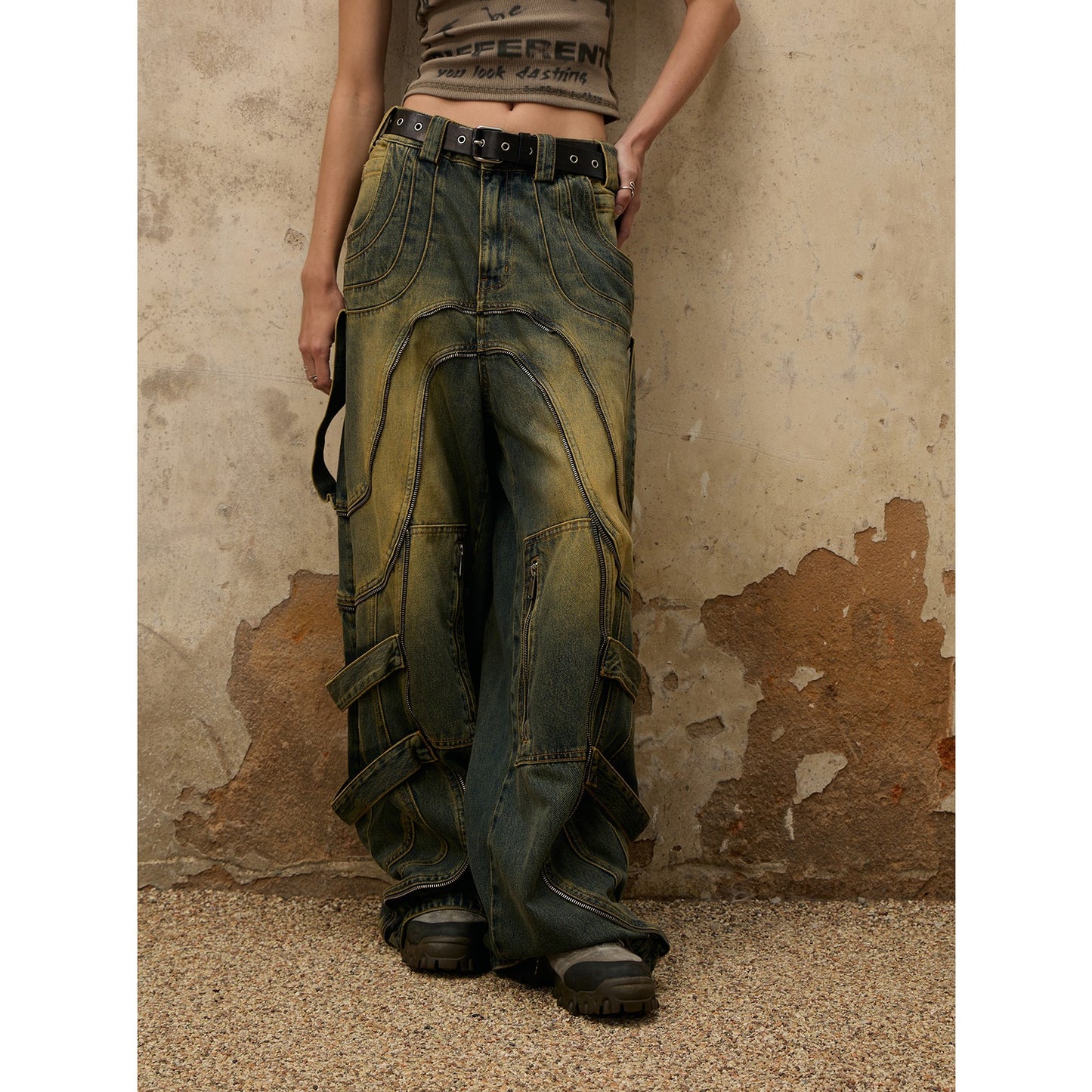 PERSONSOUL* Bud structure distressed oxidized faded jeans with heavy stitching Dirty Jeans