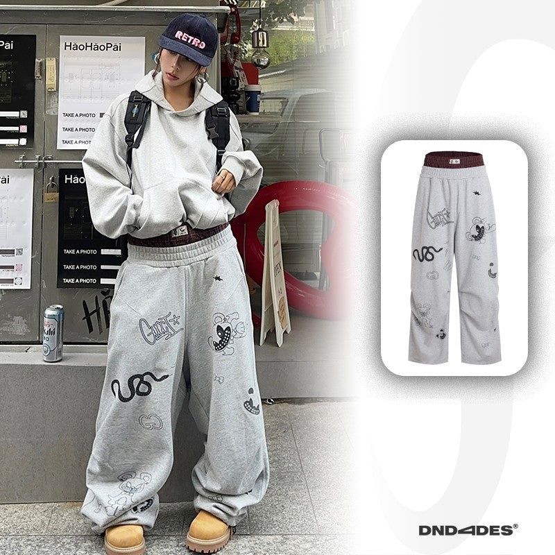 DND4DES Wang Yiheng same style graffiti print American sweatshirt men's design casual sweatpants gray suit