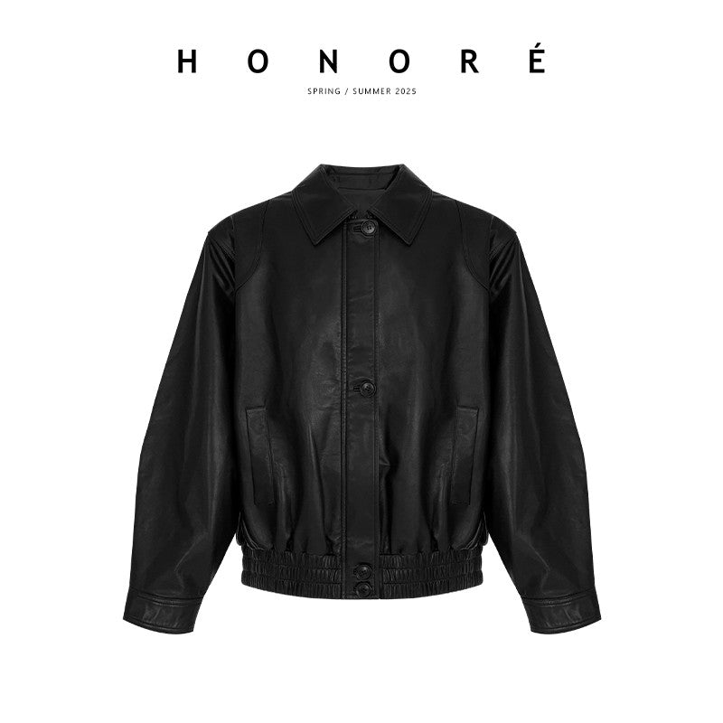 HONORE Guyue imported goatskin ultra-thin silhouette lapel genuine leather silhouette jacket