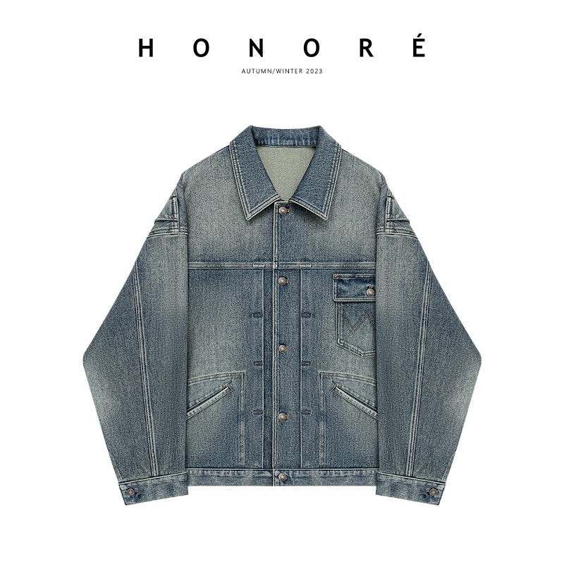 HONORE Gu Yue Retro Hippie Exclusive J-mouth Denim Fabric Oversize Loose Casual Profile Jacket