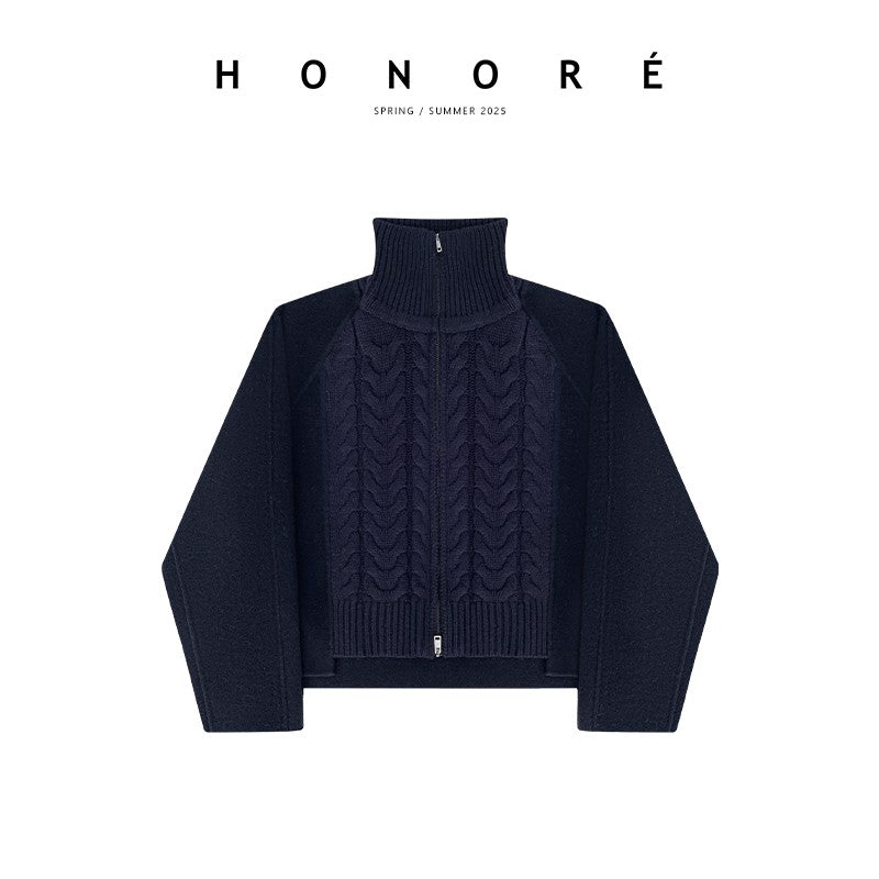 HONORE Gu Yuexin Vintage Wool + Tweed Splicing Cable-knit Wide-sleeved Needle Jacket