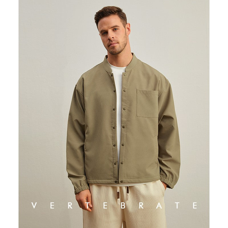 Vertebrate men's spring and summer no lining small jacket, three-dimensional pit stripe fabric, small stand collar small jacket, Japanese loose fit