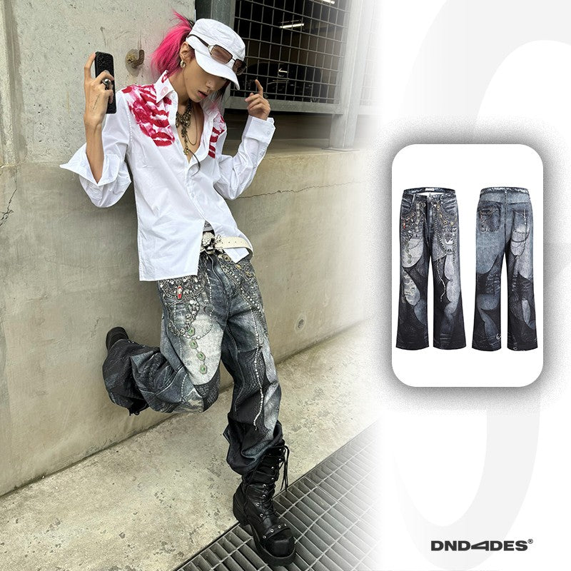 DND4DES 24AW original niche design digital printing full print chain lace splicing flared straight pants