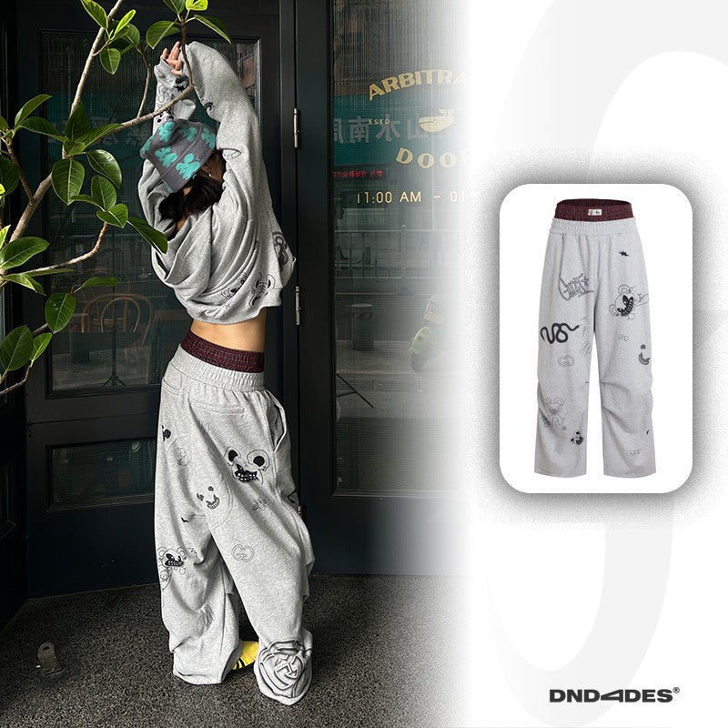 DND4DES American street graffiti print double waist stitching grey sweatpants