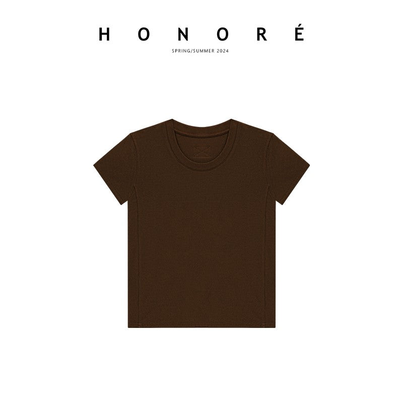 HONORE Gu Yue T King.0 Daily Basic Loose Casual Versatile Small U Round Neck Right Angle Shoulder Short Sleeve T