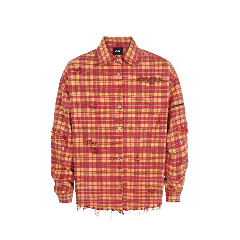 ANTIDOTE Destruction Rivet Plaid Shirt Irregular Old High Street Ripped Retro Long Sleeve Red Plaid Jacket