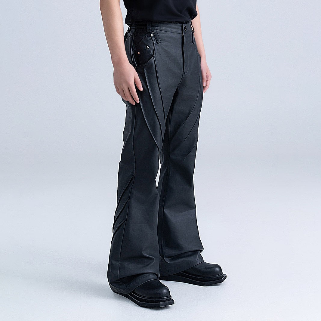 XEQUATION 24SS autumn coated waxed slim fit pleated dark pioneer all-match flared leather pants