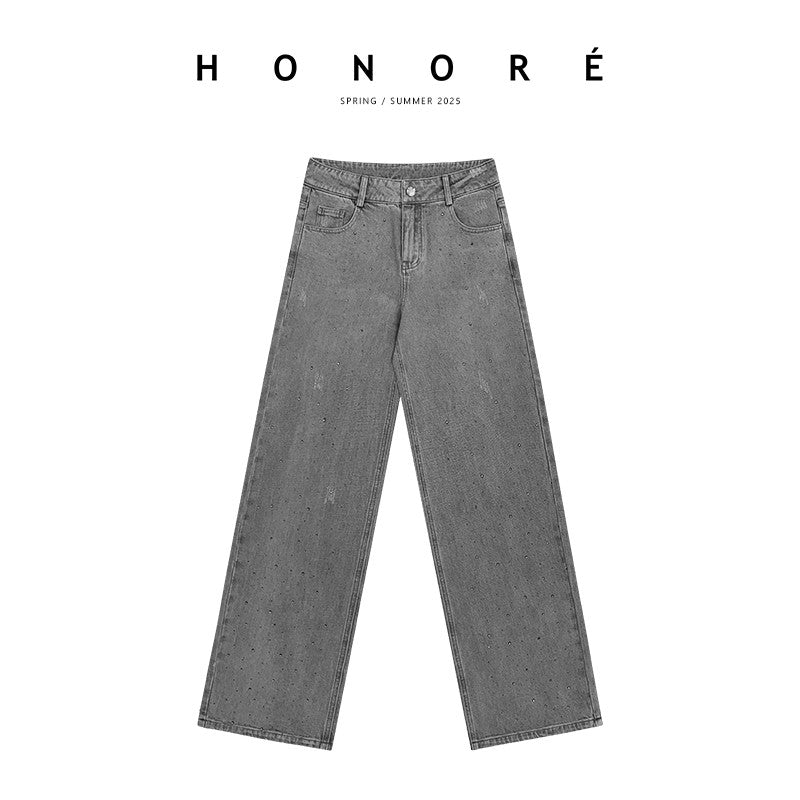 HONORE Guyue Drip Check Heavy-duty Water Drop Hot Diamond Comfortable Cut Jeans