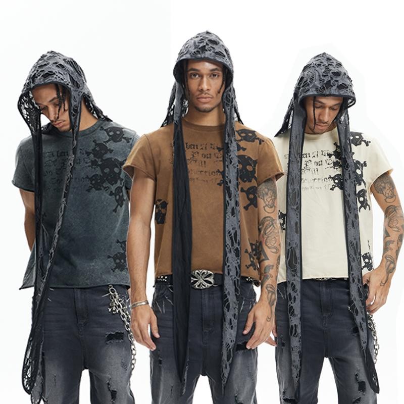 DND4DES skull print washed old rolled waistcoat T-shirt American street fashion short sleeves three-color slim fit