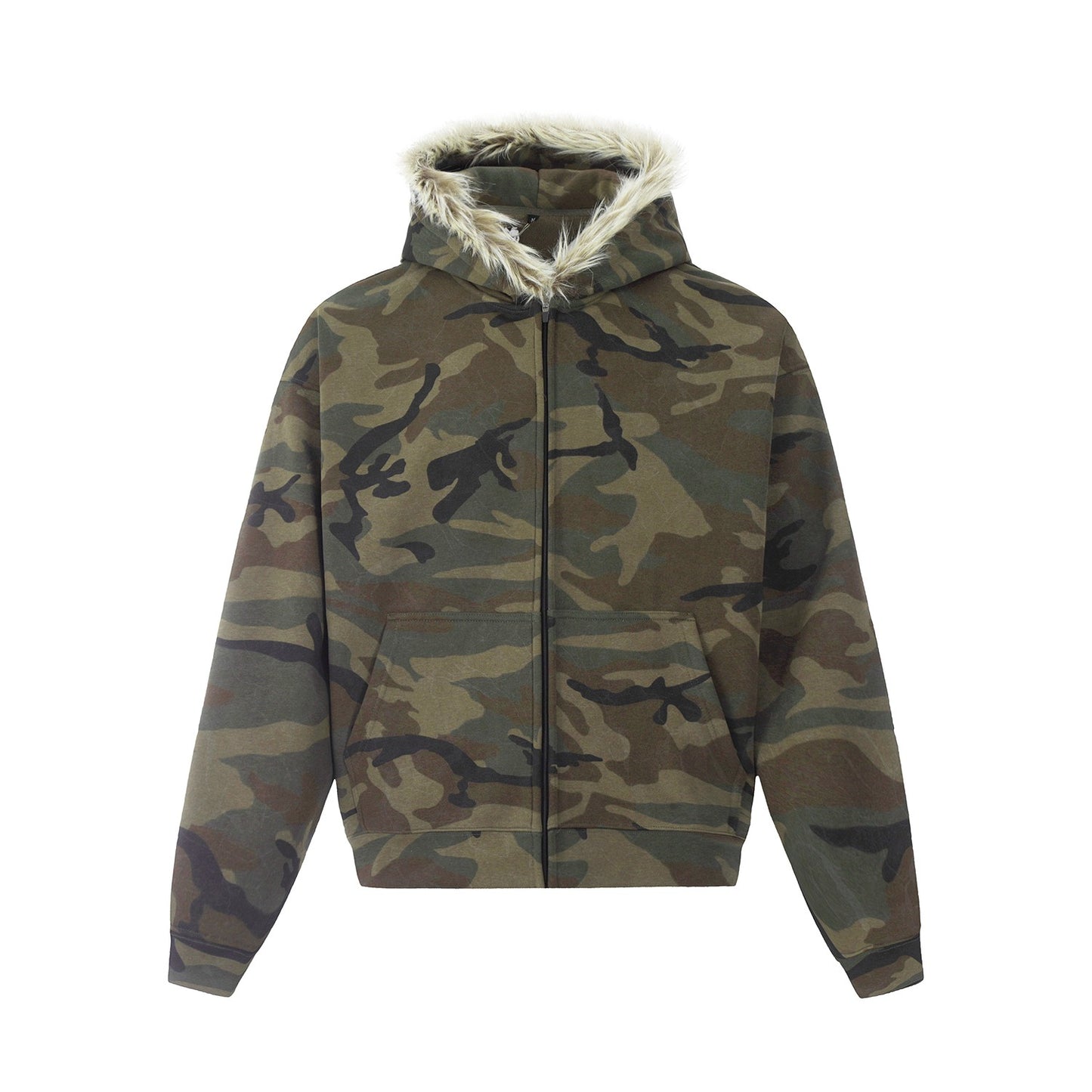 MT99 Retro &quot;Fur Collar Hooded&quot; Cool Camouflage Sweater American Street Style Cardigan Jacket Boys Trend