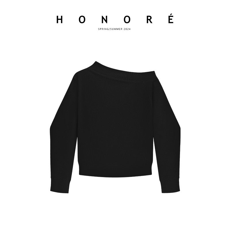 HONORE Guyue sportychic oblique shoulder careful American lazy skin-friendly cotton sweater skirt suit