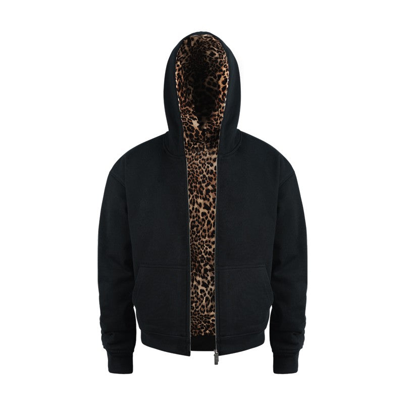 ANTIDOTE Heavy Hooded Cardigan Sweatshirt Men's Retro Casual Short Loose Leopard Lined Zipper Jacket