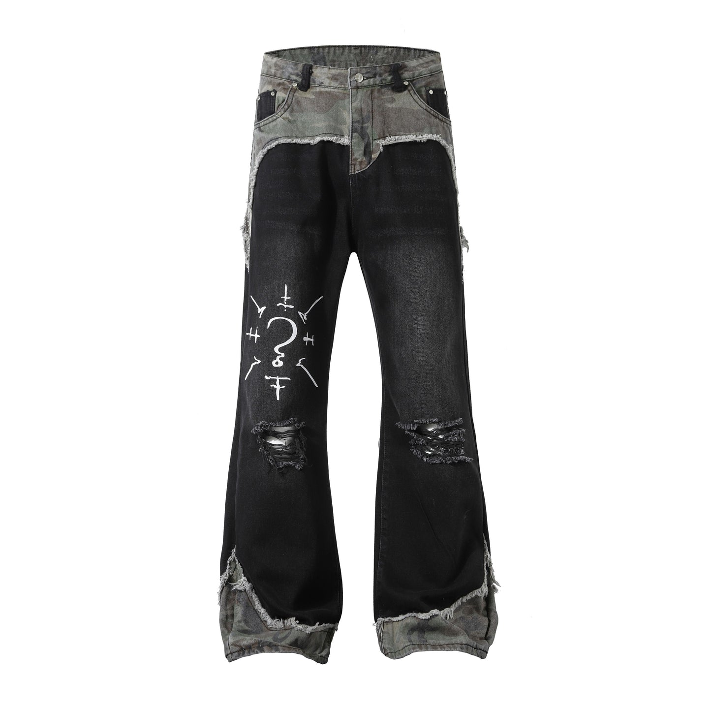 BTSG American retro washed old stitching destroyed camouflage jeans street loose wide-leg flared trousers men