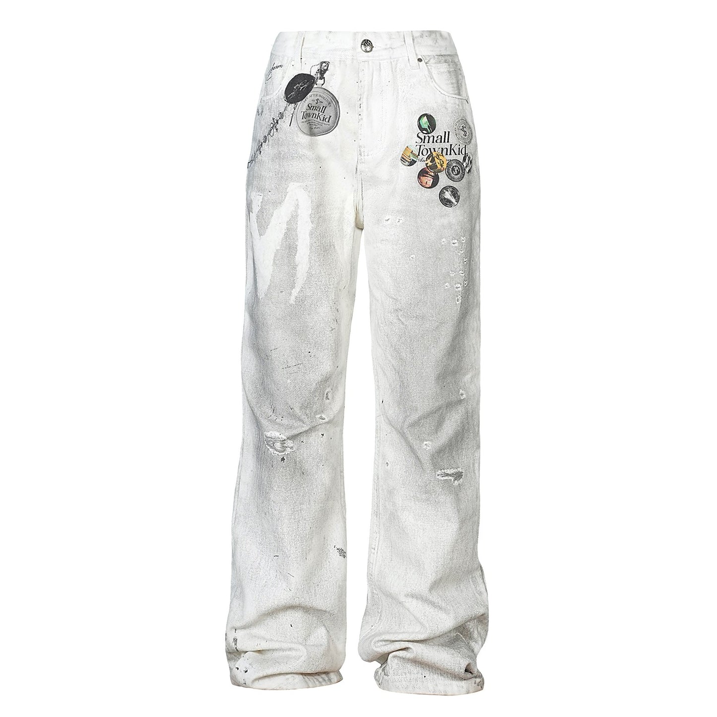 STK SmallTownKid badge 3D printed jeans American retro distressed washed trousers street style