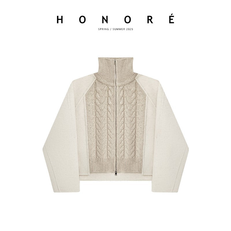 HONORE Gu Yuexin Vintage Wool + Tweed Splicing Cable-knit Wide-sleeved Needle Jacket