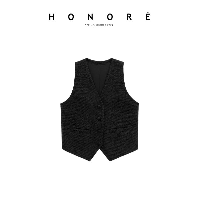 HONORE Guyue high-end luxury angle coarse twill wide suit V-neck vest casual short trousers three-piece suit