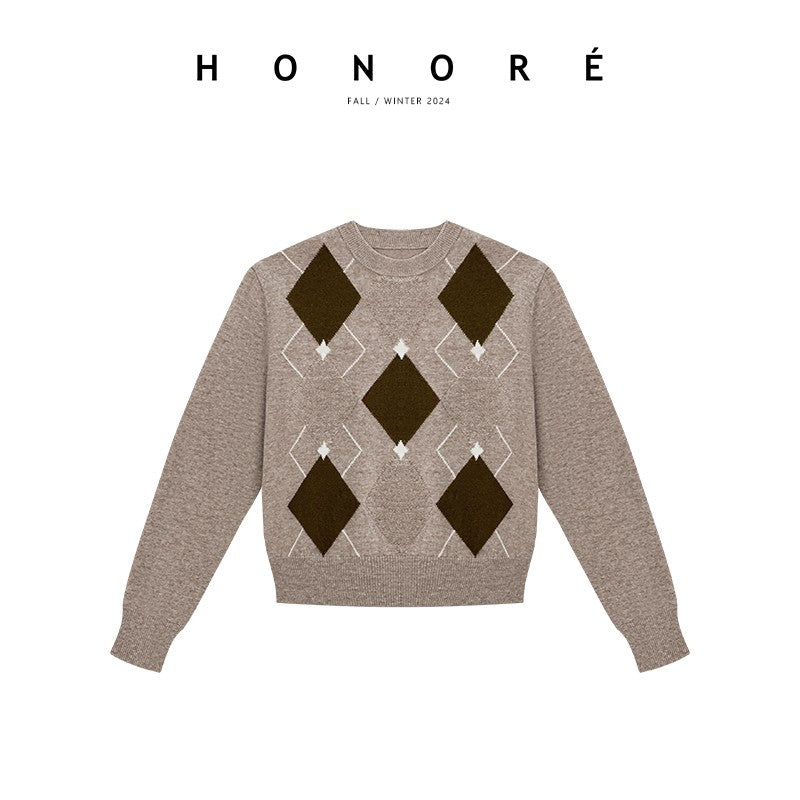 HONORE Gu Yue Coc*crush diamond pattern 100 sheep wool delicate texture retro pullover sweater cardigan