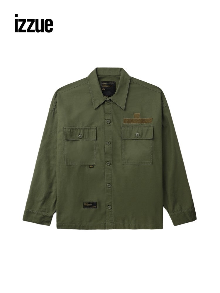 izzueNHIZ Men's Solid Color Work Shirt Autumn Retro Military Style Top 8F