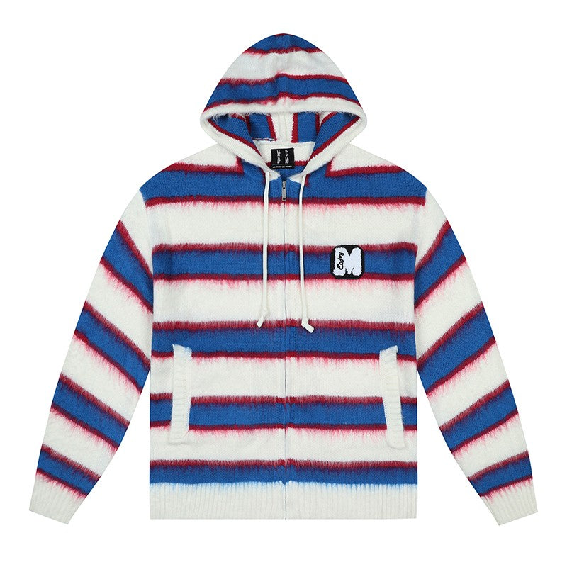 Medm three -color striped horse -haired hooded knitted cardigan sweater, men and women, autumn couple winter jackets